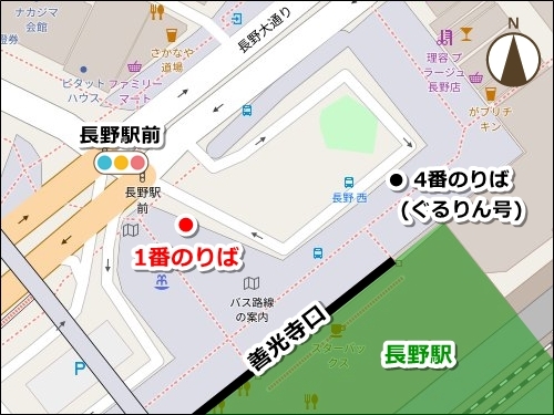長野駅善光寺口バス乗り場(善光寺大門行き)マップ