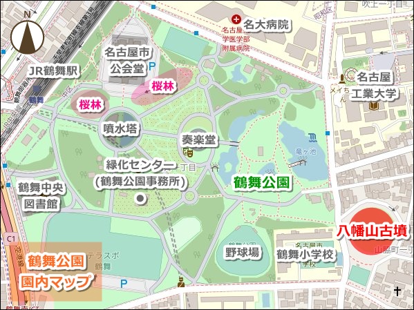 八幡山古墳(名古屋市昭和区)の桜の場所(地図)01