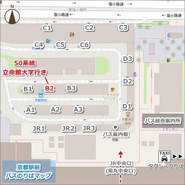 京都駅前バス乗り場マップ(地図・50系統・北野天満宮へ)01